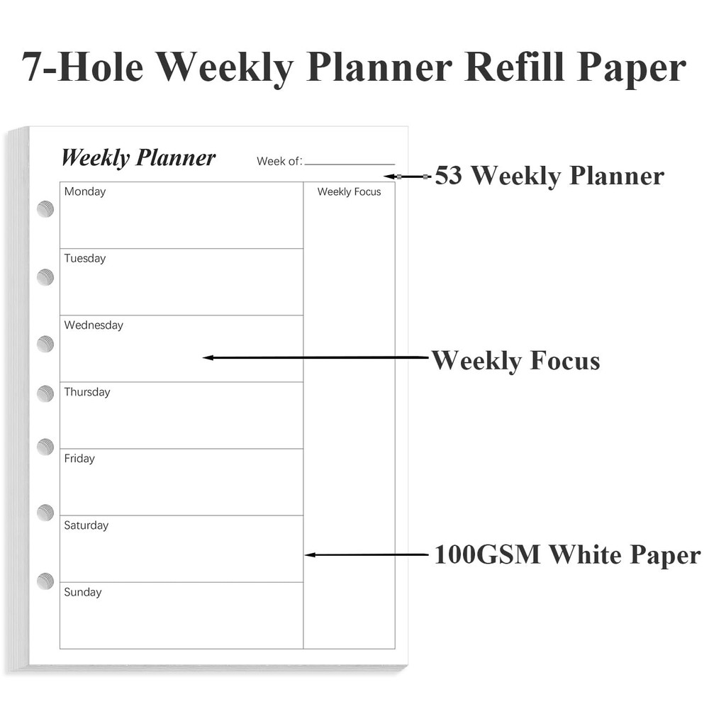 Weekly Planner Refills for 3 or 7 Ring Mini Binders - 53 1-Pack, Black