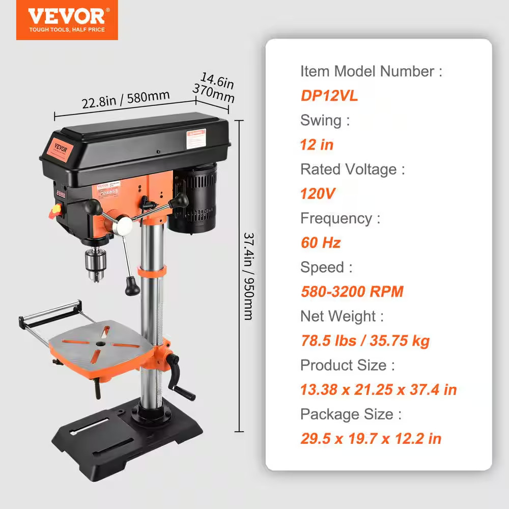 12 In. Benchtop Drill Press 5 Amp Variable Speed Cast Iron Bench Drill Press 12
