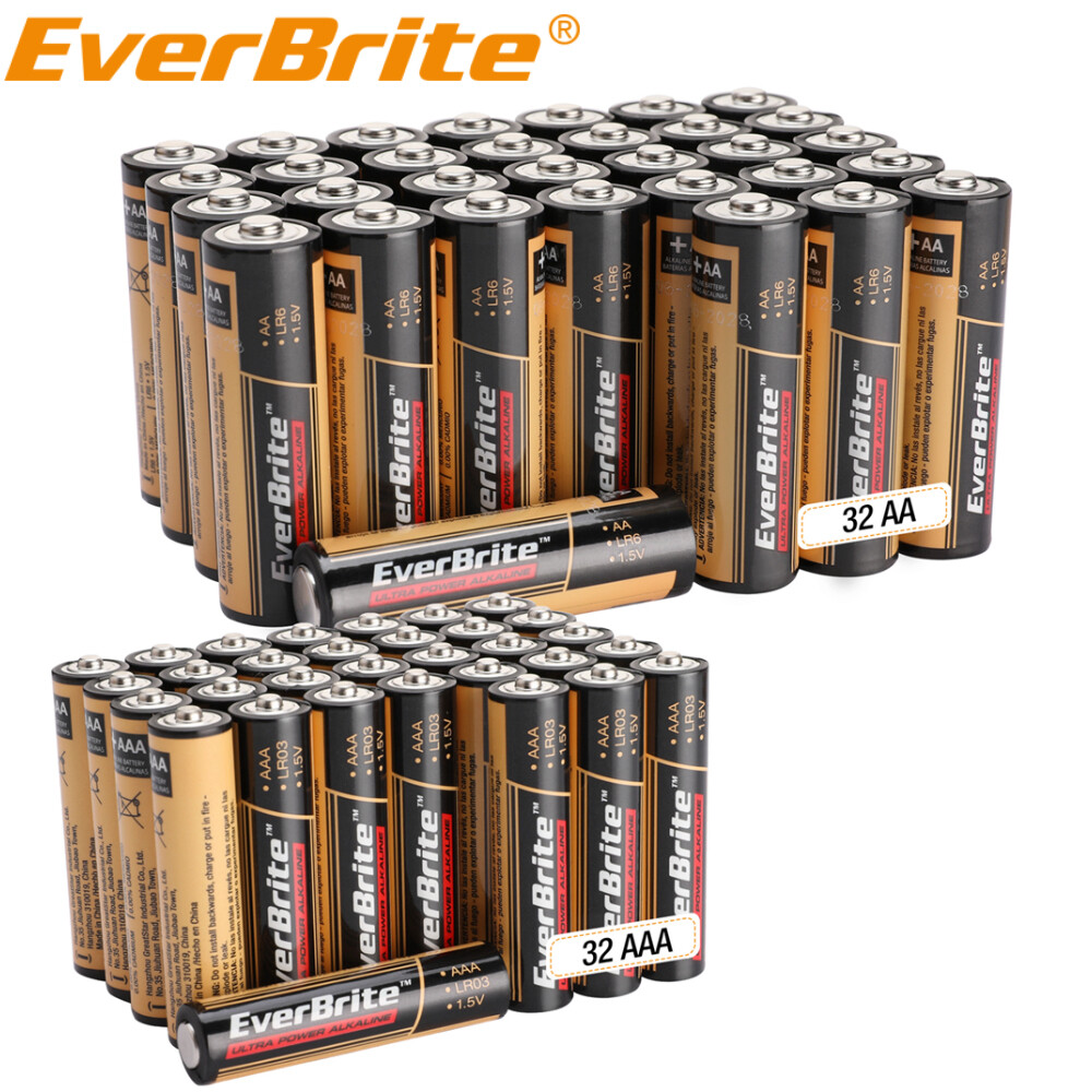 EverBrite 64PCS Alkaline Battery Pack 32PACK AA/32PACK AAA Alkaline Battery PACK