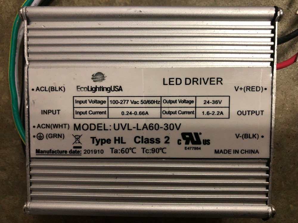 EcoLightingUSA LED Driver Model: UVL-LA60-30V Type HL Class 2