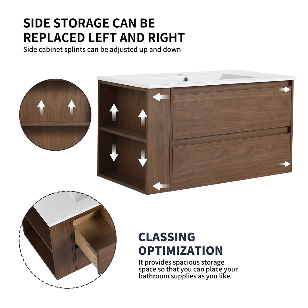 36In Wall Mounted Bathroom Vanity Cabinet W/ Undermount Ceramic Sink Side Shelf