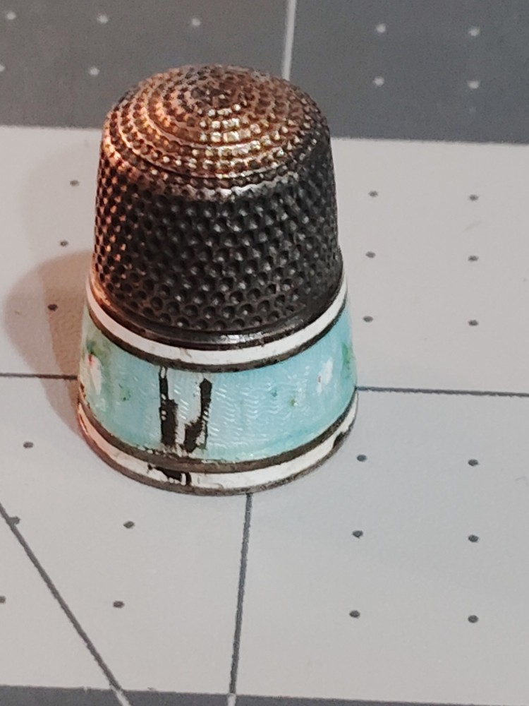 Antique Sterling Silver & Enamel Thimble Color Blue And White