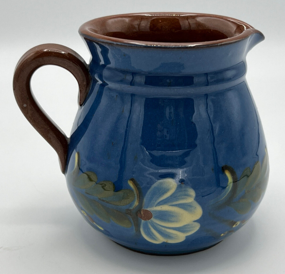 Blue Floral Rustic Glazed Terracotta 4 1/2” Pitcher