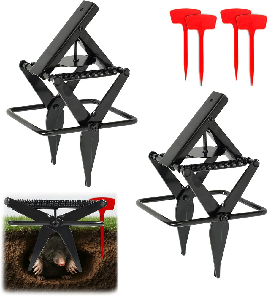 2 Pack with 4 Flags- Stainless Steel Ground Mole Traps, Easy Step Setup Mole Kil