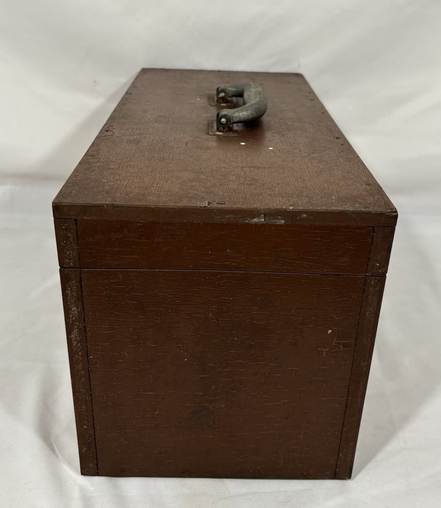 Old Vintage Painted Brown Solid Wood Lidded Tool Box w/Handle 18"W 9"H