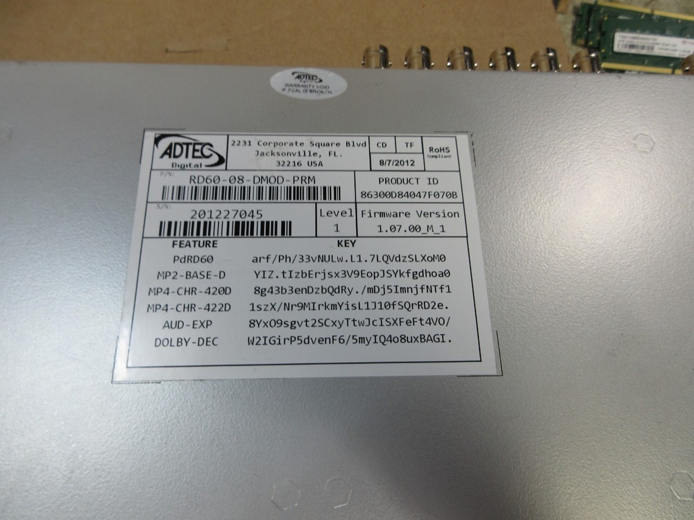 ADTEC DIGITAL RD-60 RD60-08-DMOD-PRM 1080P RECEIVER DECODER Multi-CODEC