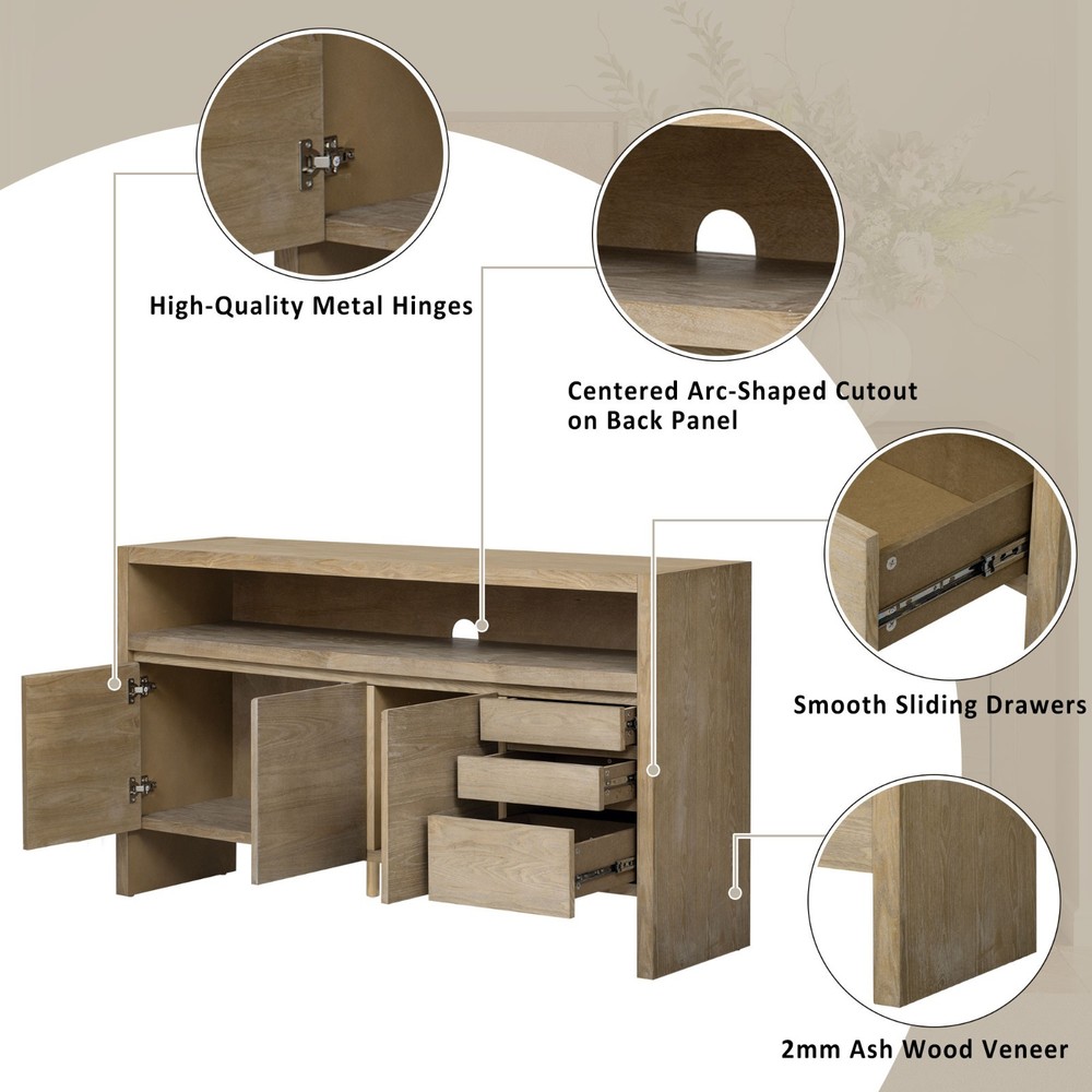 60" Modern Solid Ash Veneer Sideboard (3 Doors+3 Drawers, Semi-Open Shelf