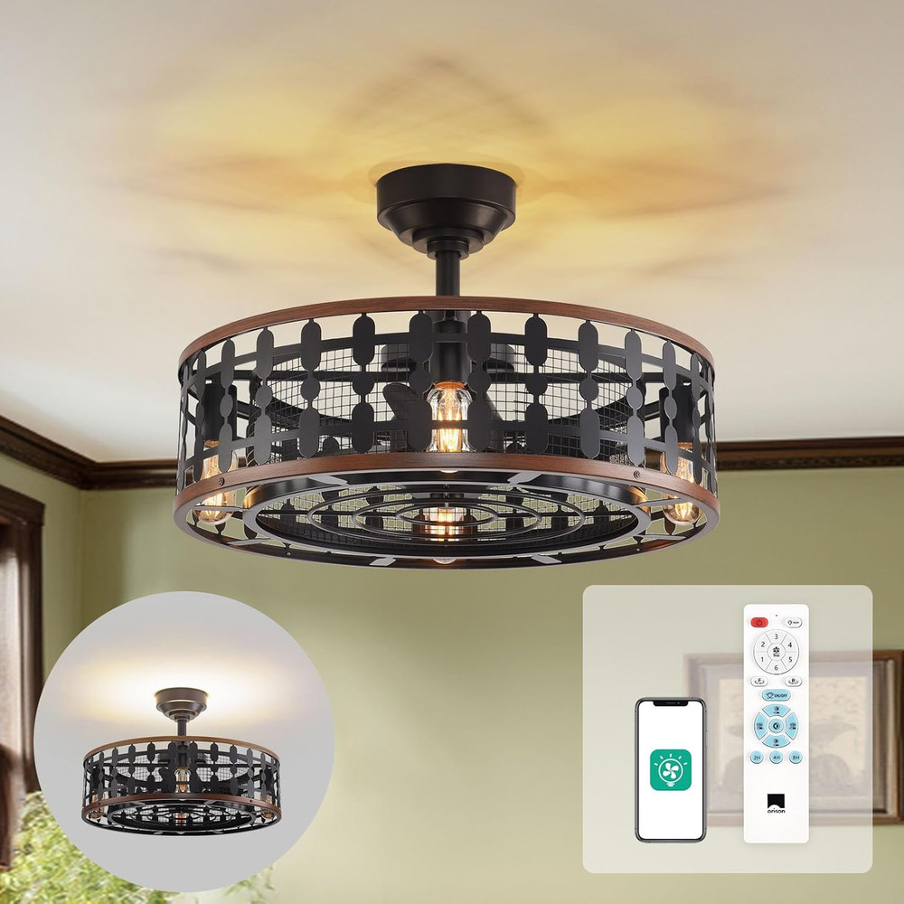 21.5" Black Caged Ceiling Fan with Light & Remote - Low Profile Design