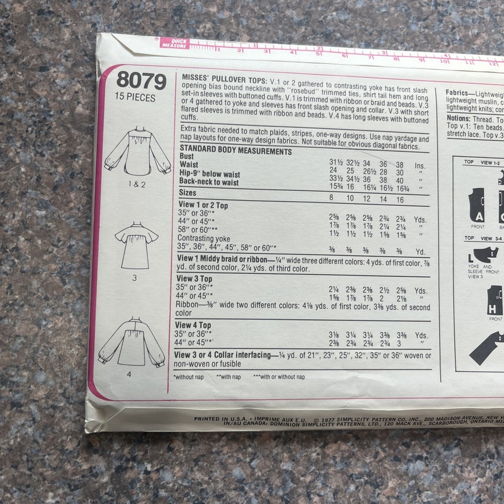 Simplicity 8079 Sewing Pattern Pullover 70's Top Boho Blouses Misses Size 14 NEW