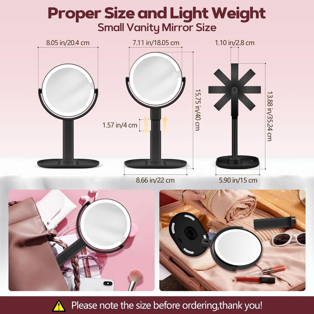 Makeup Mirror Lights 30X Magnifying Height Adjustable 3 Light Modes Dimming Blk