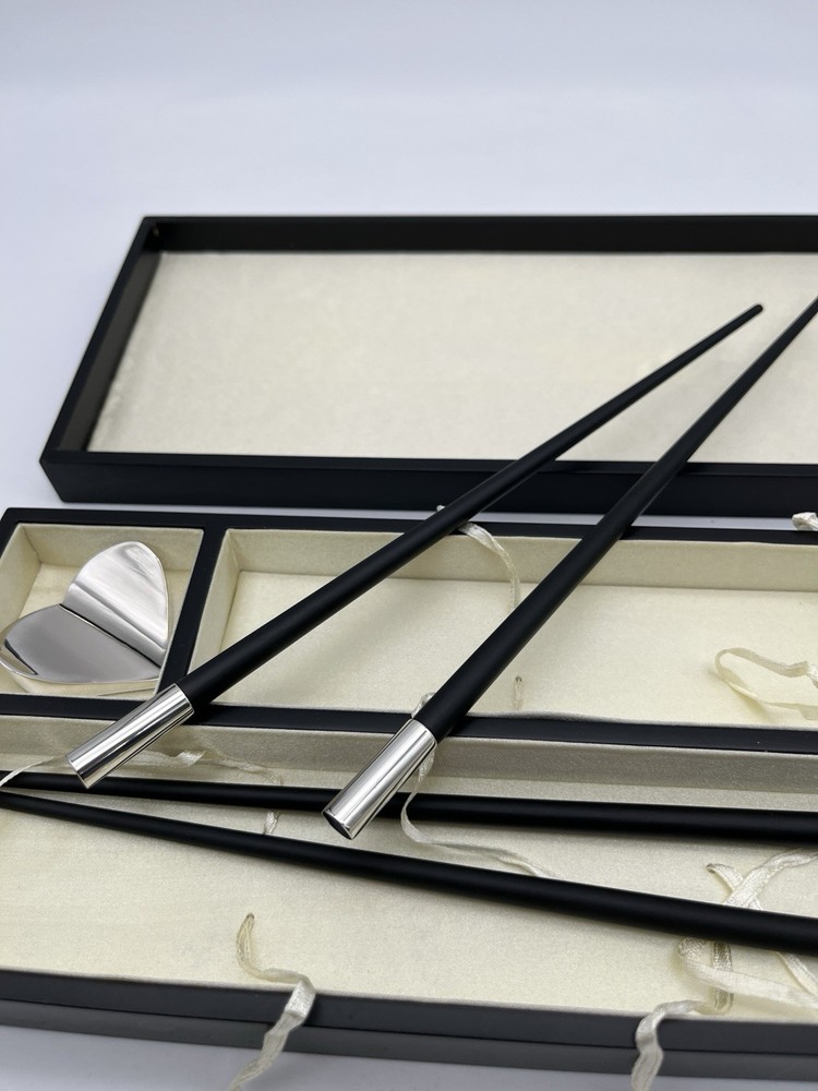 Chop Sticks W/ Holders Black And Silver Ends , By Red Envelope