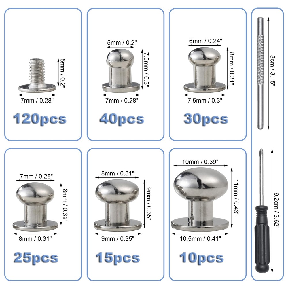YORANYO 120 Sets Round Head Button Stud Assorted Sizes Button Screw Stud for