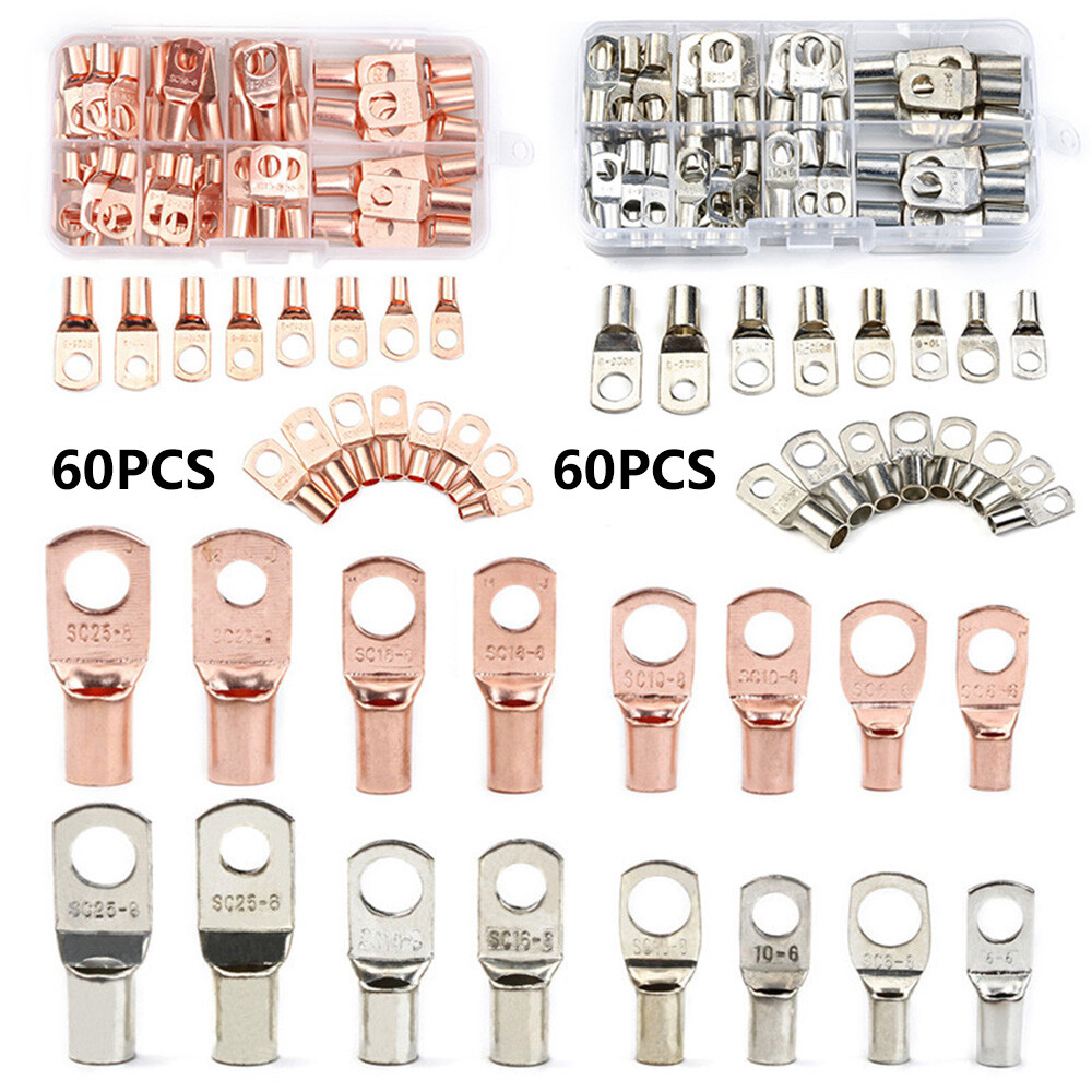 60PCS Battery Lugs Terminal Ring Connector Tinned Copper Wire Terminals Kit Set