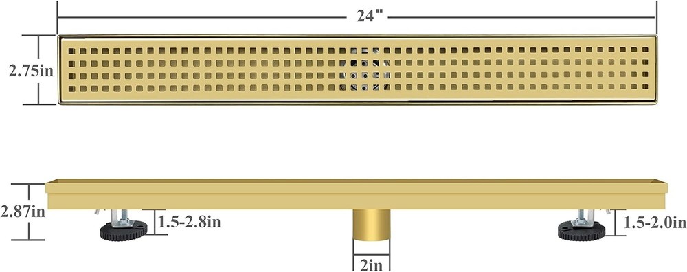 24" Linear Shower Drain, Gold Rectangular Floor Drain with accessories