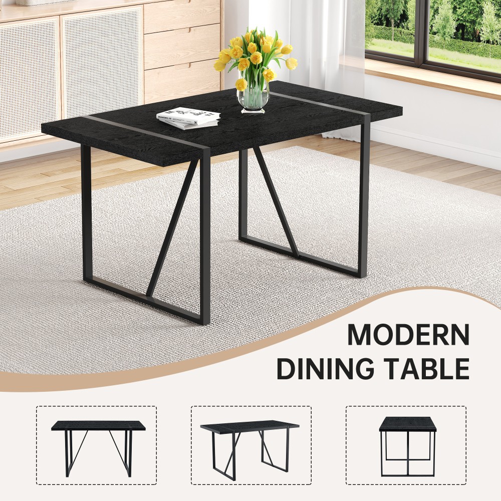 Black Wood Grain Rectangular Dining Table Set w/ 4 PU Chairs Modern