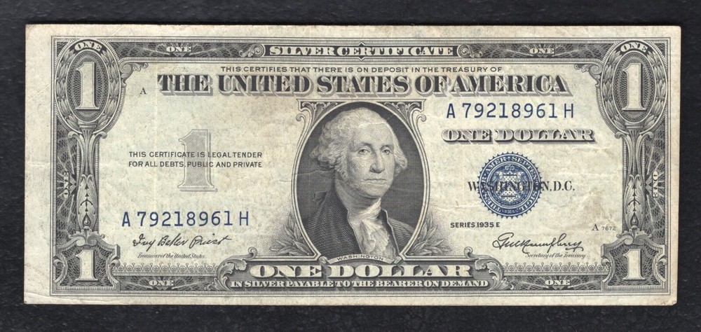 1935-E $1 SILVER CERTIFICATE “PARTIAL ADDITIONAL FACE PRINTING ON BACK ERROR” VF