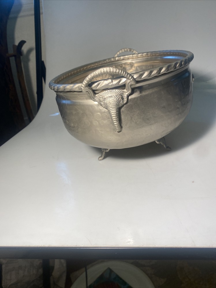 Hammered Metal Planter, Footed /Elephants