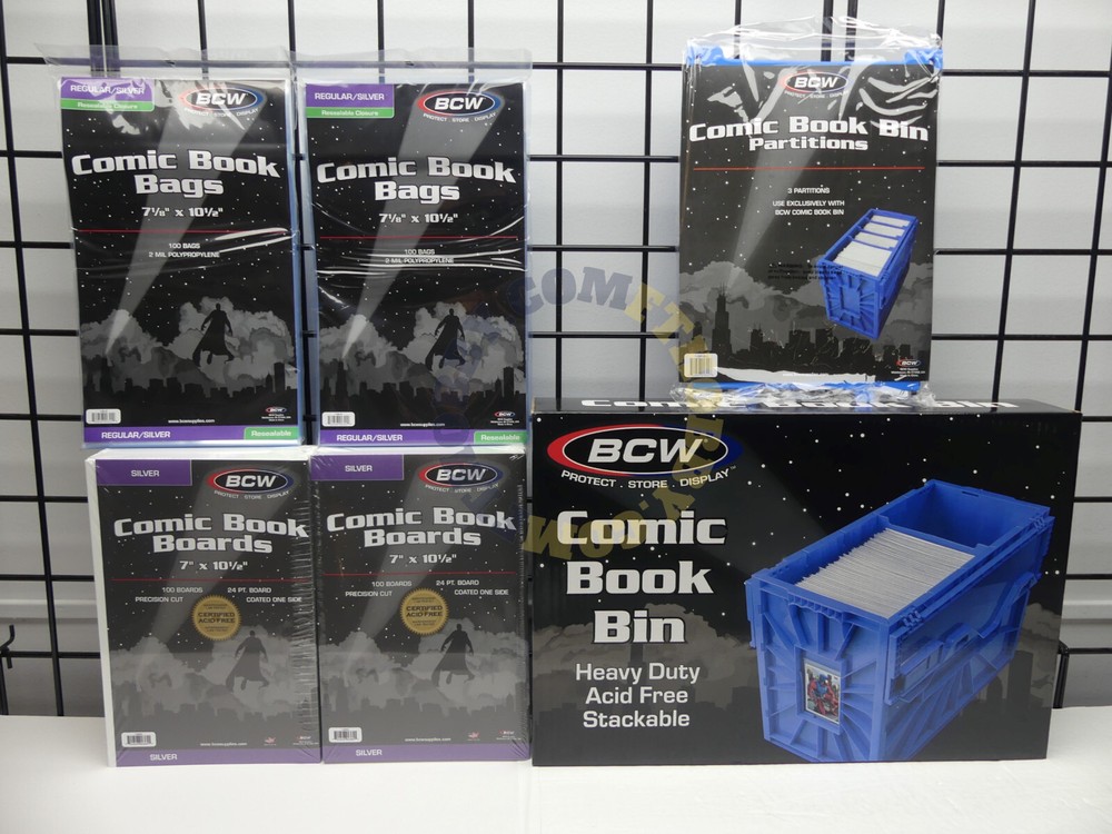 BCW Silver Comic Book Bundle 1-Comic Bin 3-Partitions 200-Boards 200-Bags - BLUE