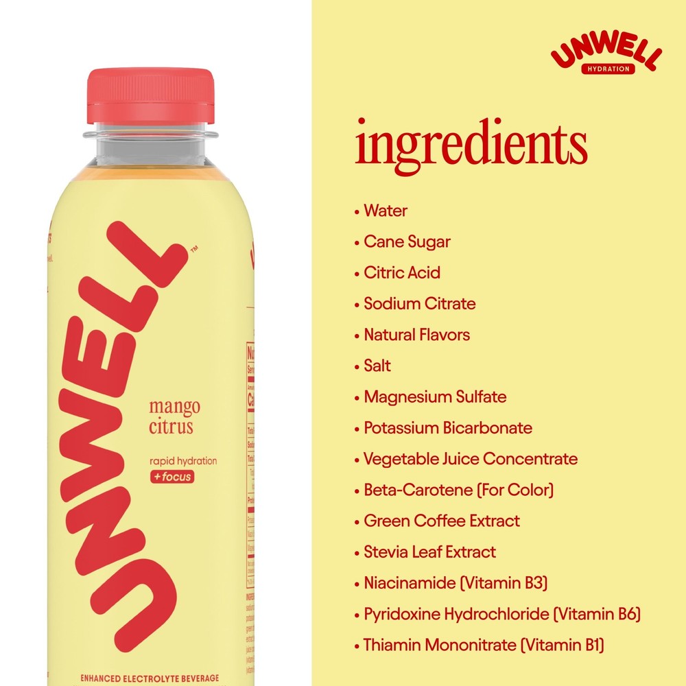 Unwell Hydration Electrolyte Drink for Rapid Hydration, Mango Citrus, 12 pack