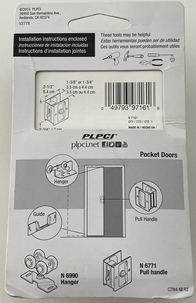 PLPCI pocket door hardware N6771 pull out handle