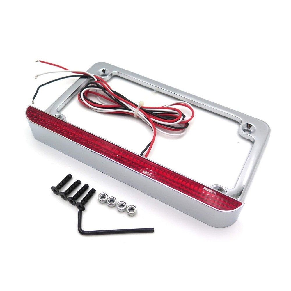Universal Motorcycle License Plate Frame Bracket with 6" LED Light Bar - Chrome