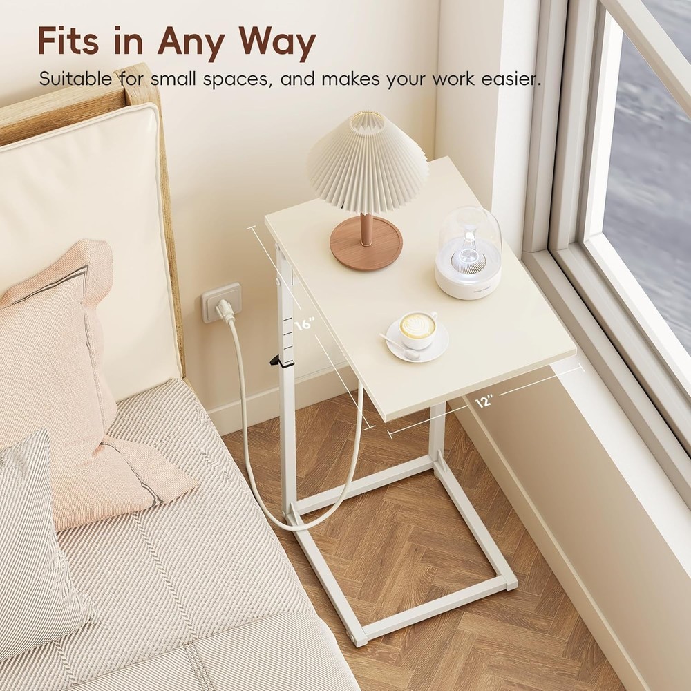 C Shaped End Table W/ Charging Station Adjustable Height Side Table Couch Small