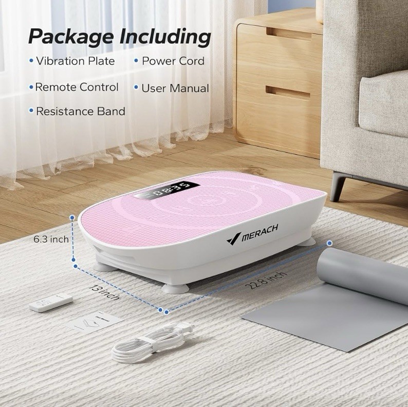 Merach Oscillating Vibration Platform Pink LCD Remote Timer Resistance Band Set