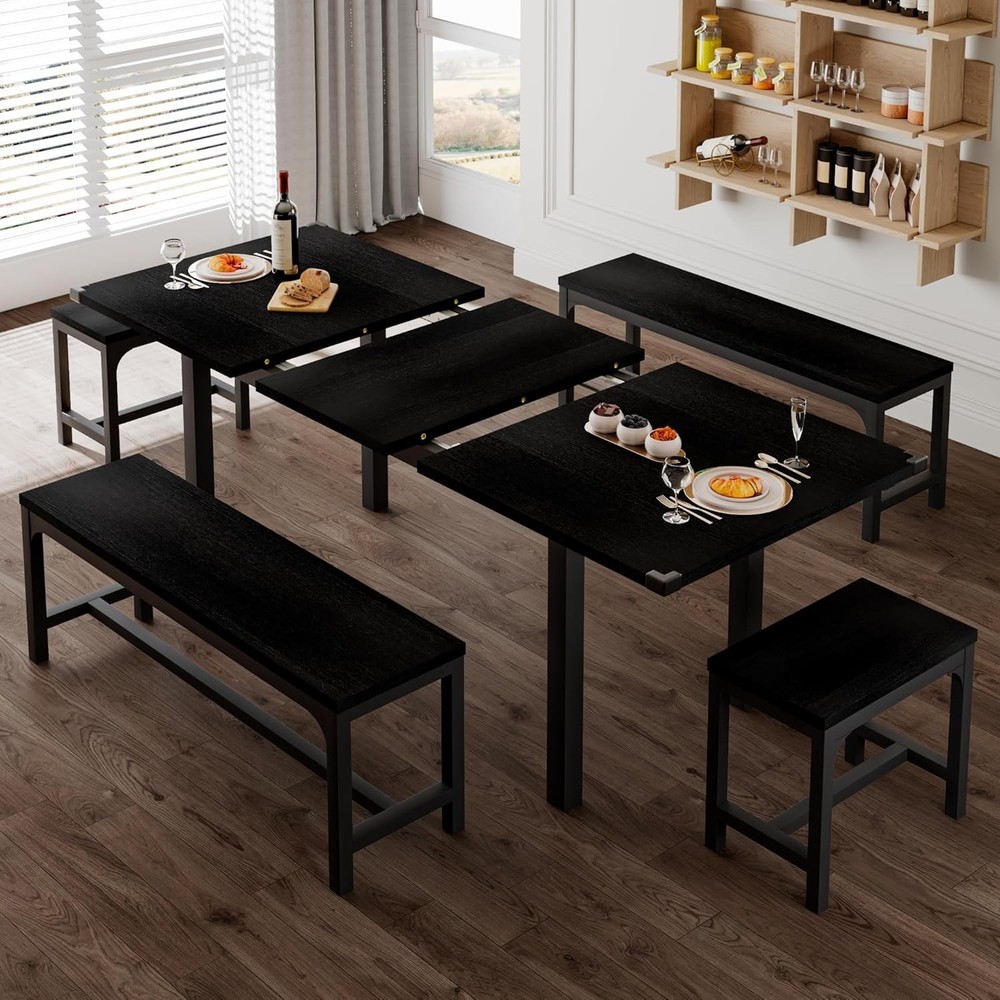 Dining Table Set for 4-8 People Extendable Kitchen Table with Benches Stools