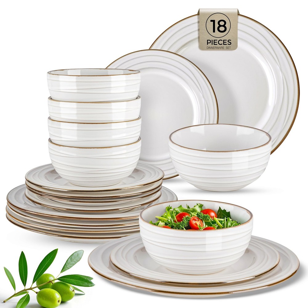 Ceramic Dinnerware Sets,18 pcs Embossed Elegant Stoneware Plates and Bowls Se...