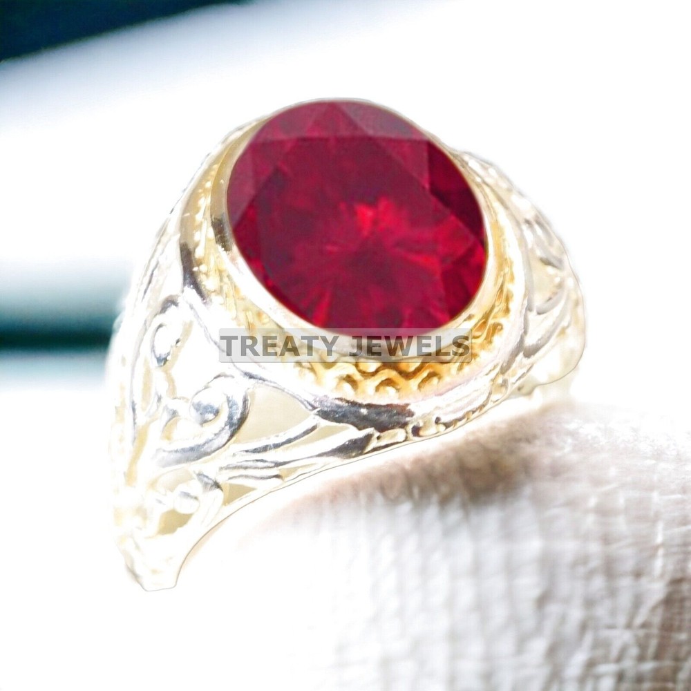 Ruby Oval Cut Gemstone With 14K Solid White Gold Ring For Men's #A519