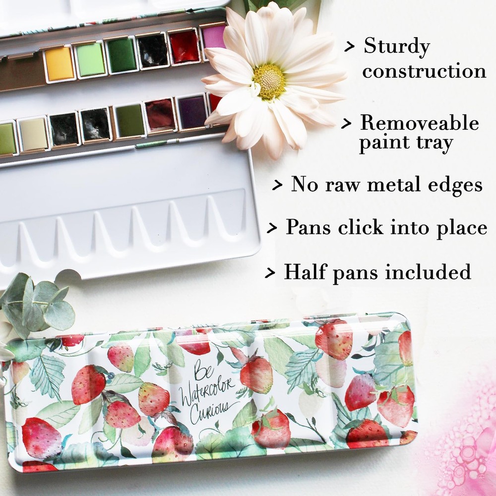 Empty Watercolor Palette, 24 Half Pans (Strawberries)