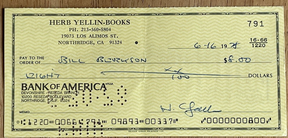 Poet Bill Berkson Autograph Check from Publisher (Document Signed)