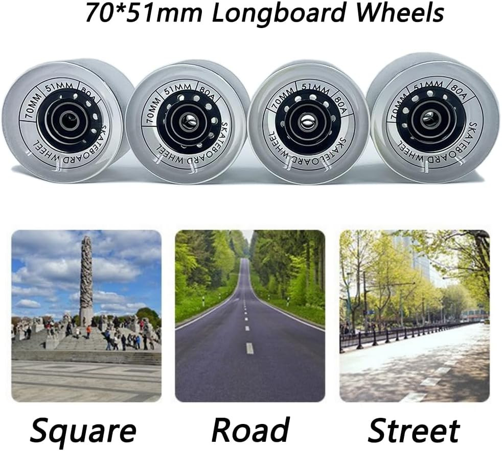 70mm Longboard Wheels 80A with ABEC-9 Bearings Riser Pads Hardware Kit