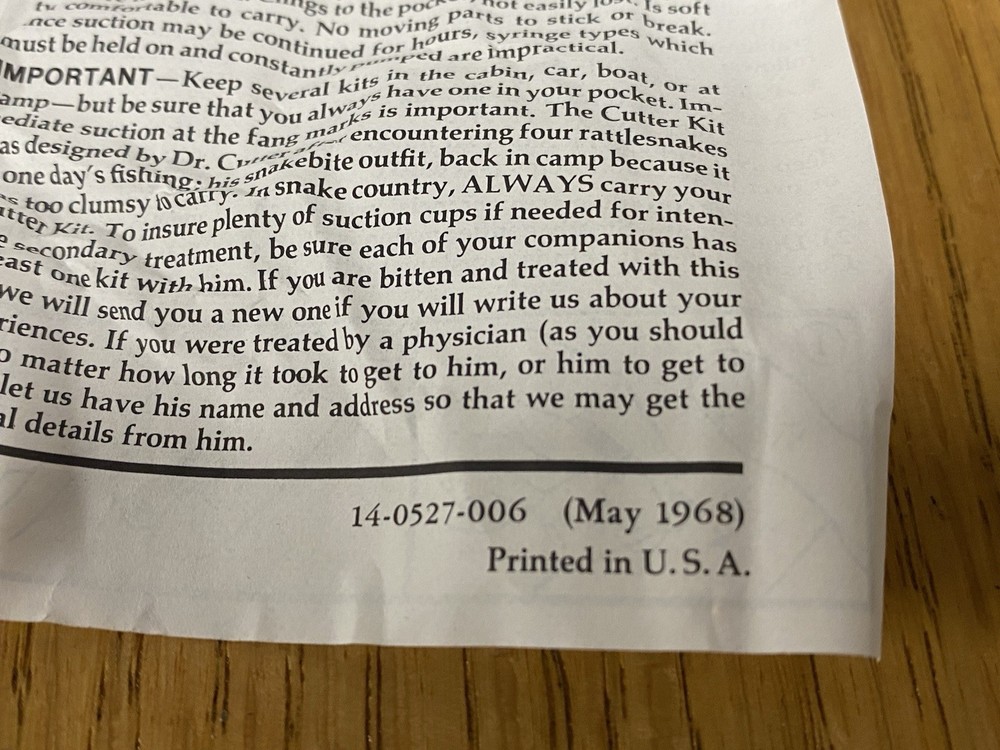 VINTAGE CUTTER SNAKE BITE KIT - 1968