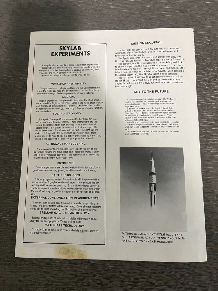 Vintage Skylab Marshall Space Flight Center Fact Sheet