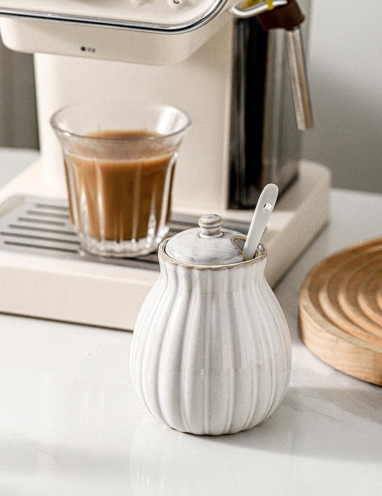 Sugar Bowl With Lid And Spoon Ceramic Container Coffee Bar Dispenser White