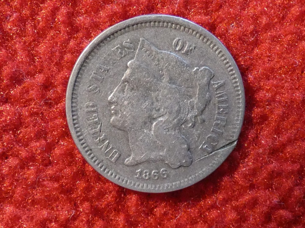 1866 Three Cent Nickel Detached Lamination Error! #3427