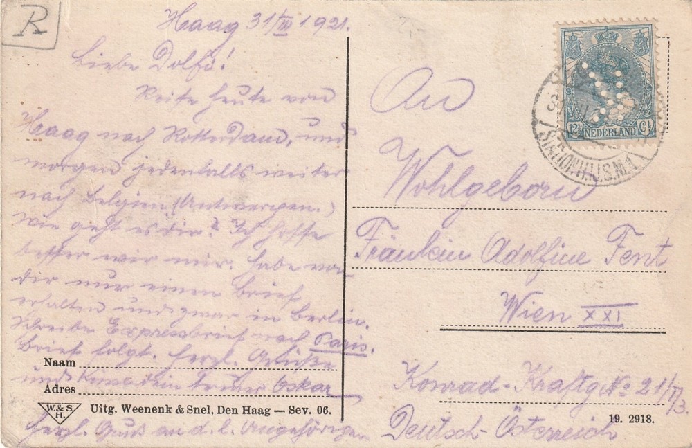 NETHERLANDS: Postcard to Austria 1921, perfin.