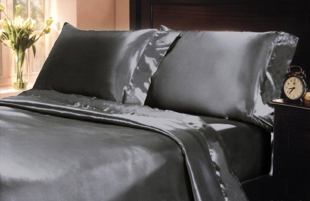 Mk Collection Twin Soft Silky Satin Solid Dark Gray/Charcoal Deep Pocket Shee...