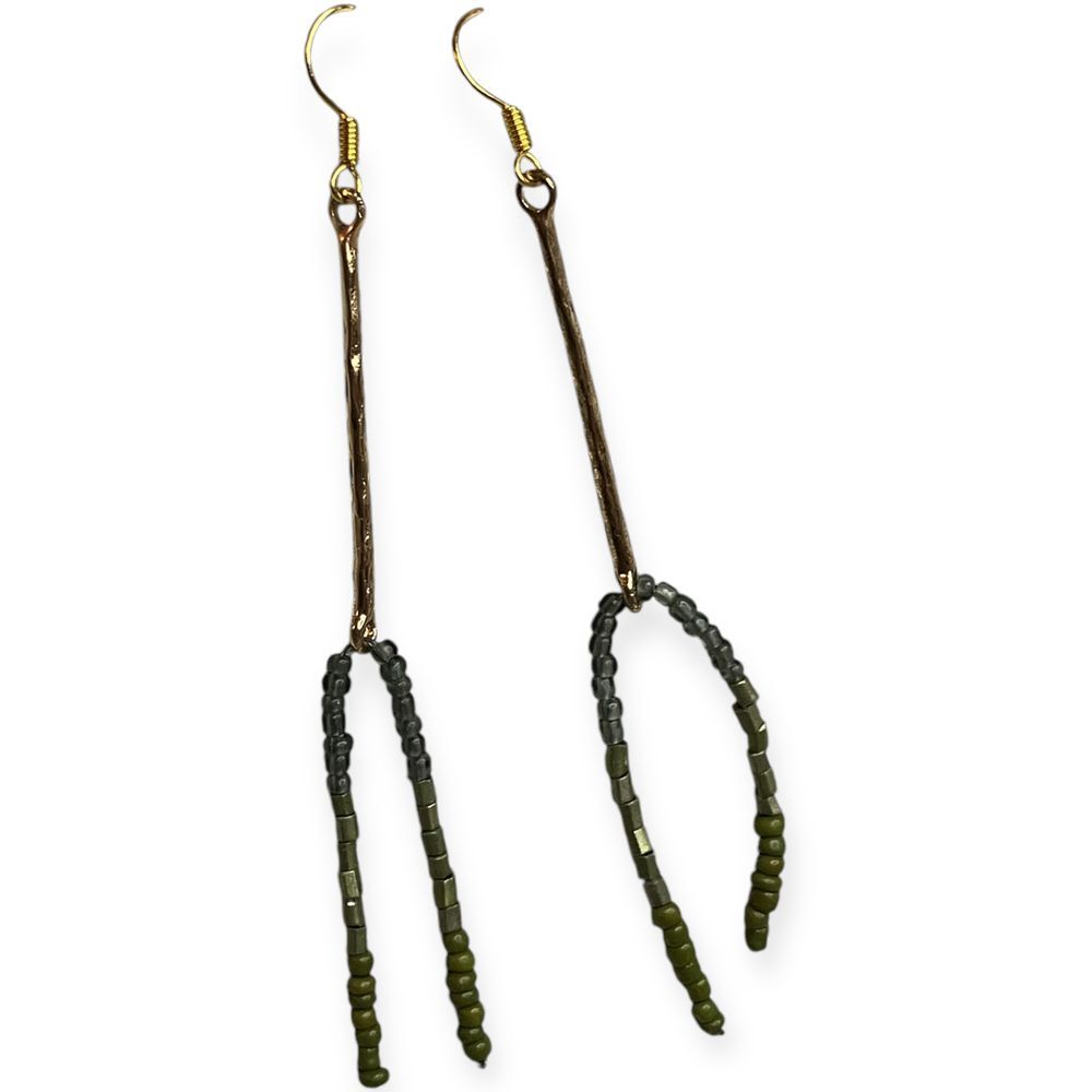 Handcrafted Boho Green Beaded Dangle Earrings Long Gold Bar Drop Statement 3.5"