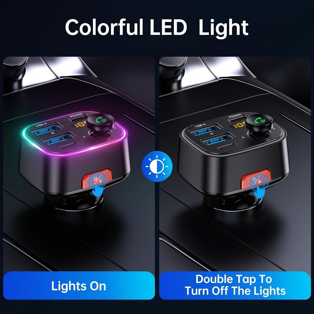 Bluetooth FM Transmitter with Light Switch, Fast Charging & Noise Cancellation
