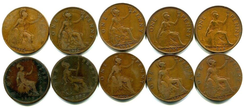10 Different Great Britian Copper Large Penny !!