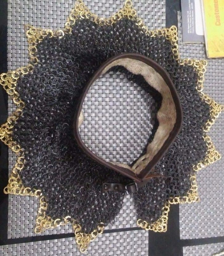 Medieval Chainmail Collar Mild Steel Flat Riveted with Brass Ring Zig Zag Armor