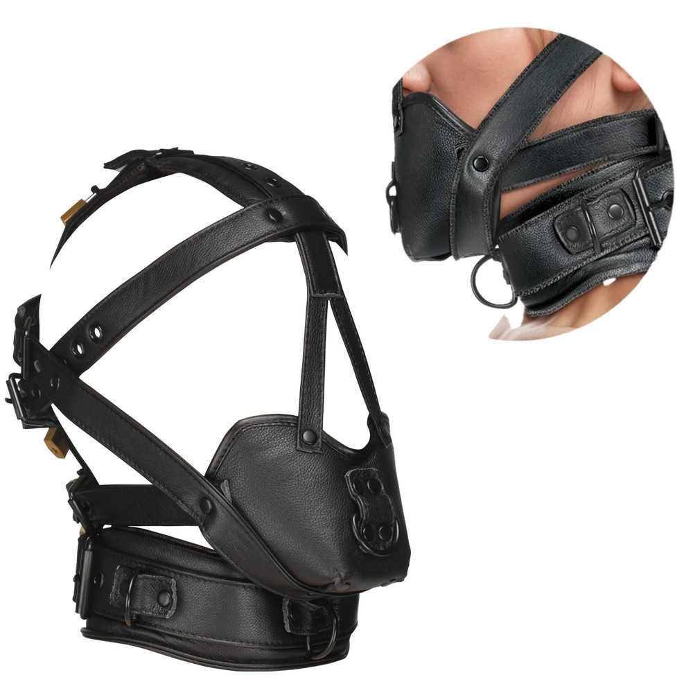Adjustable Lockable Leather Head Harness with Muzzle BDSM Restraint Fetish Play