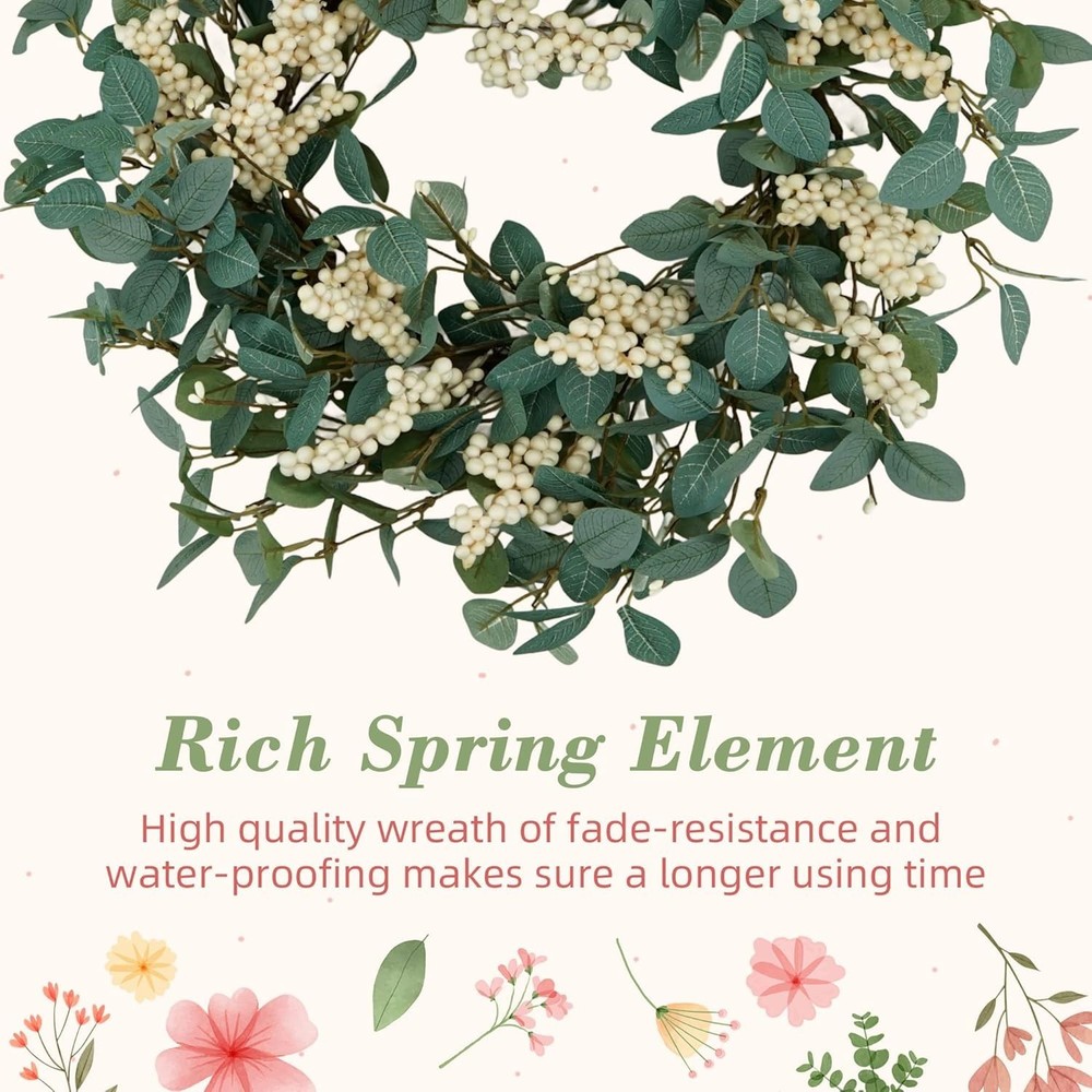 Durable 18" Spring Wreath with Eucalyptus & White Berries for -Round Charm