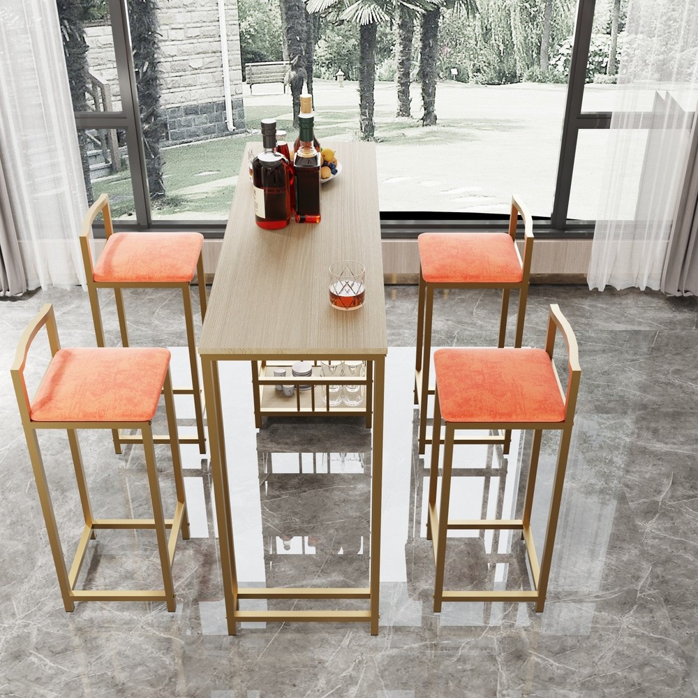 5 Piece Bar Table Set Counter Height Kitchen Rectangle Table with 4 Bar Chairs