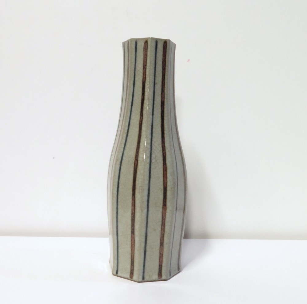 .Beautiful Japanese Vase with Candy Stripe Design & Egg Shell Blue Colour Signed