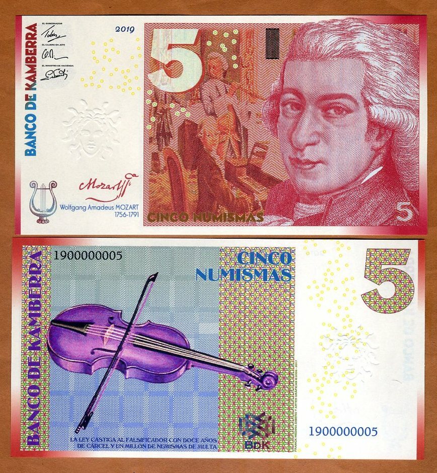 Kamberra, 5 Numismas, 2019, UNC Mozart, New Security Features