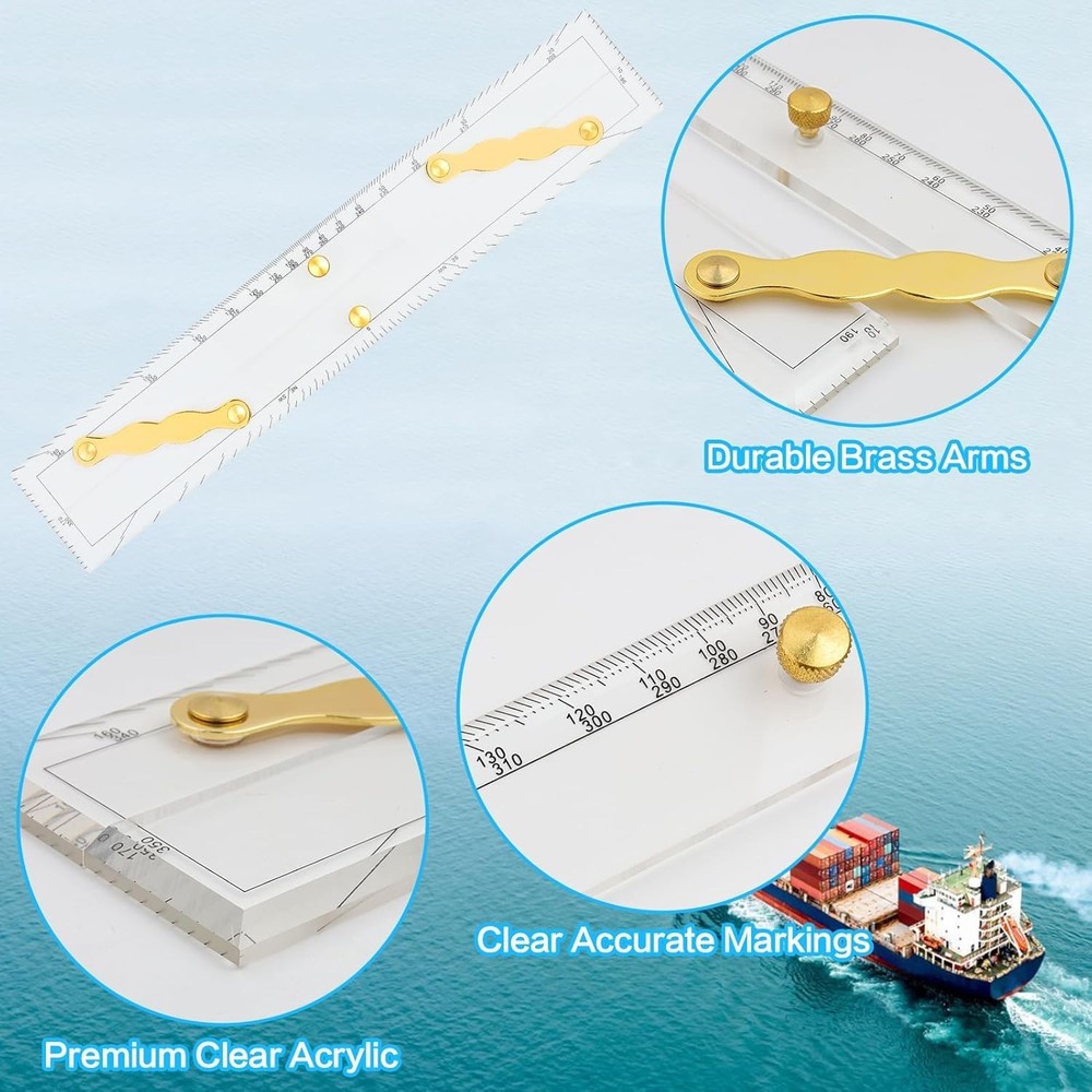 3 Pc Marine Navigation Set, Parallel Split Ruler, Nautical Protractor Brass Arms