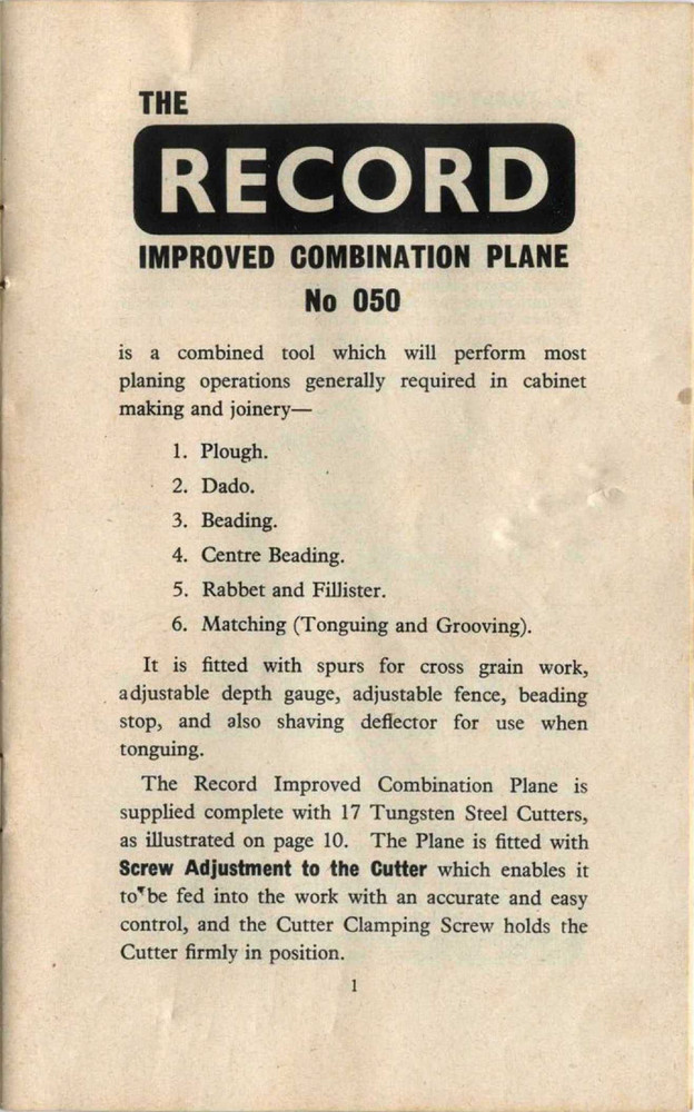Record 050 Combination Plane User Guide 16 Pages: Coil Bound